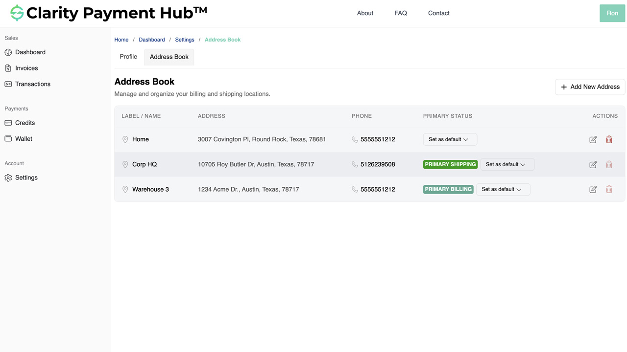Clarity Payment Hub customer portal showing the Address Book section with saved billing and shipping addresses, edit and delete buttons, and an Add New Address form