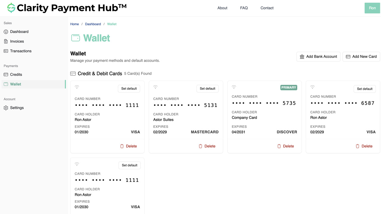 Clarity Payment Hub payment methods interface showing saved cards with Set as Default button, and star icon indicating which method is the current default