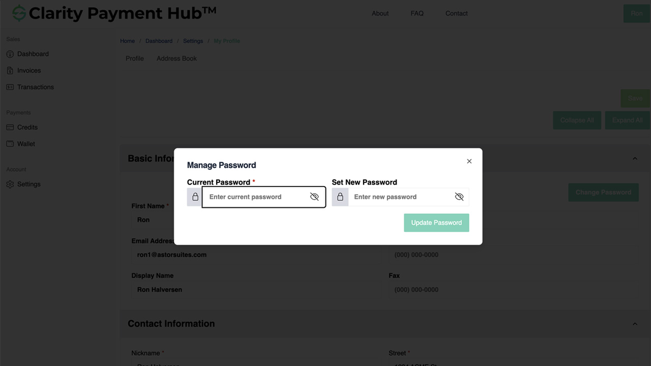 Clarity Payment Hub security settings showing password change form with fields for current password, new password, and confirm password, plus password strength indicator