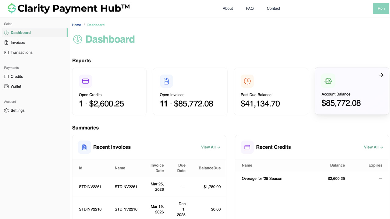 Clarity Payment Hub customer portal showing the account dashboard with current balance prominently displayed, open invoices list, and recent payment activity