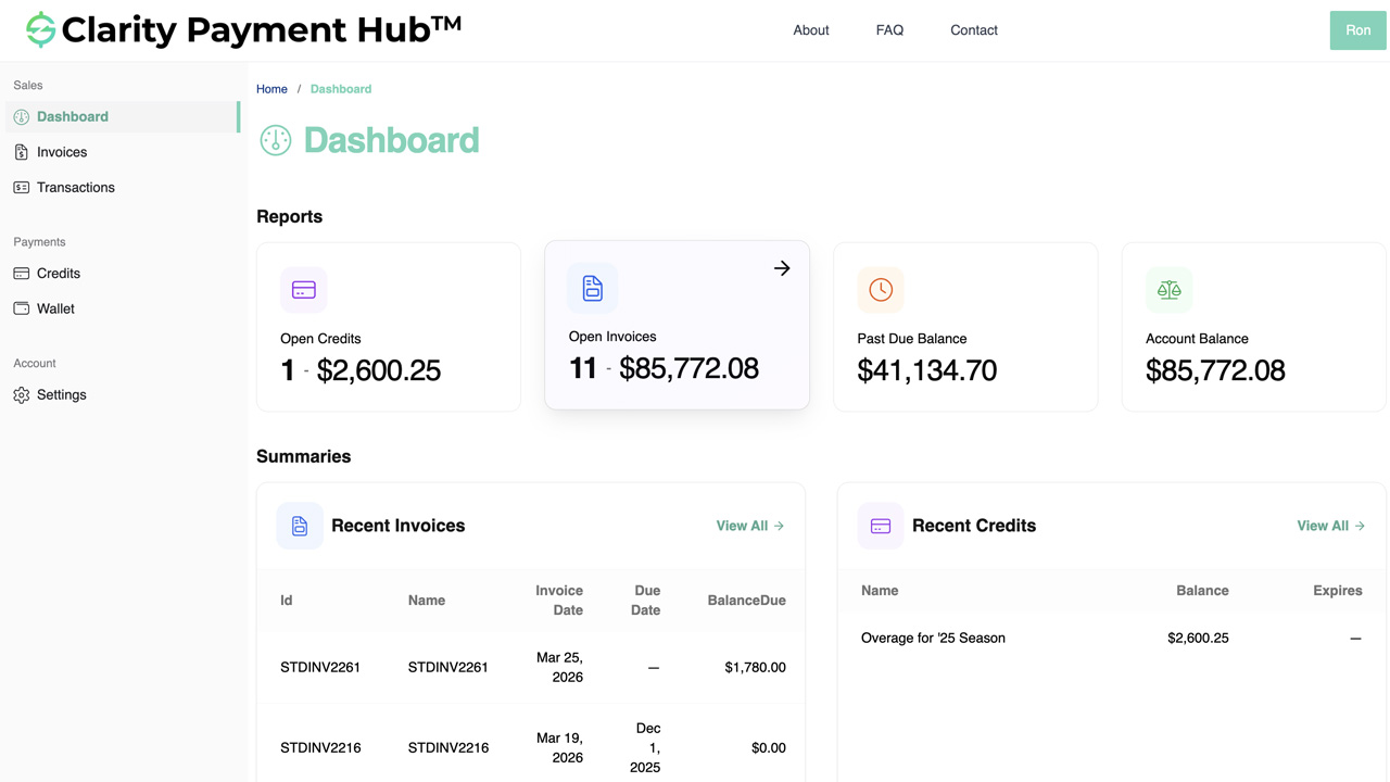 Clarity Payment Hub portal showing the open invoices view with a searchable, filterable list of invoices including invoice number, date, due date, amount, and balance due columns, plus pay buttons