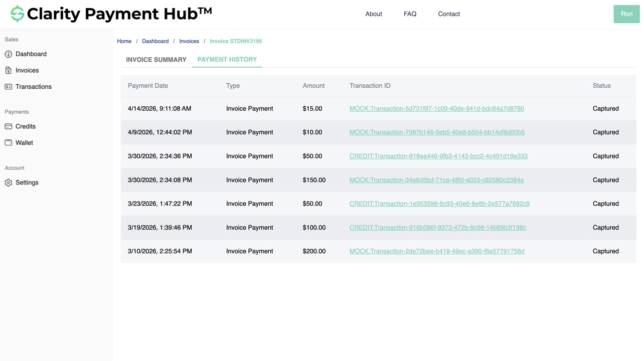 Clarity Payment Hub portal showing the payment history view with a searchable list of past payments including date, amount, payment method, which invoices were paid, and confirmation number