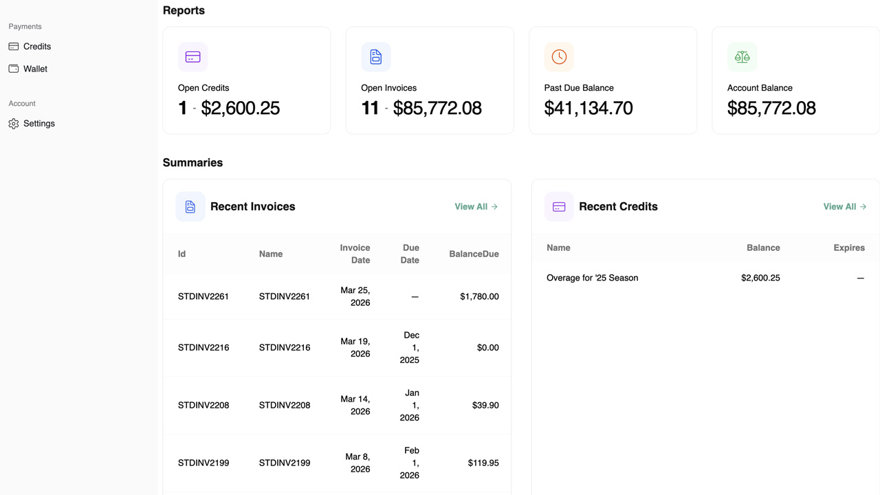 Clarity Payment Hub dashboard showing the recent invoices widget with the 5-10 most recently issued invoices displayed prominently, each with pay now button