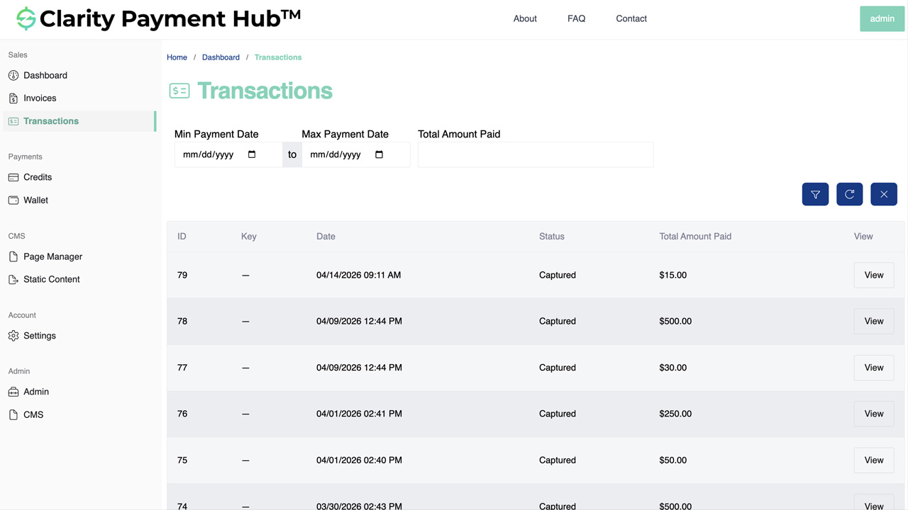 Clarity Payment Hub dashboard showing the recent payment widget with payment date, amount, method, status, and confirmation number prominently displayed