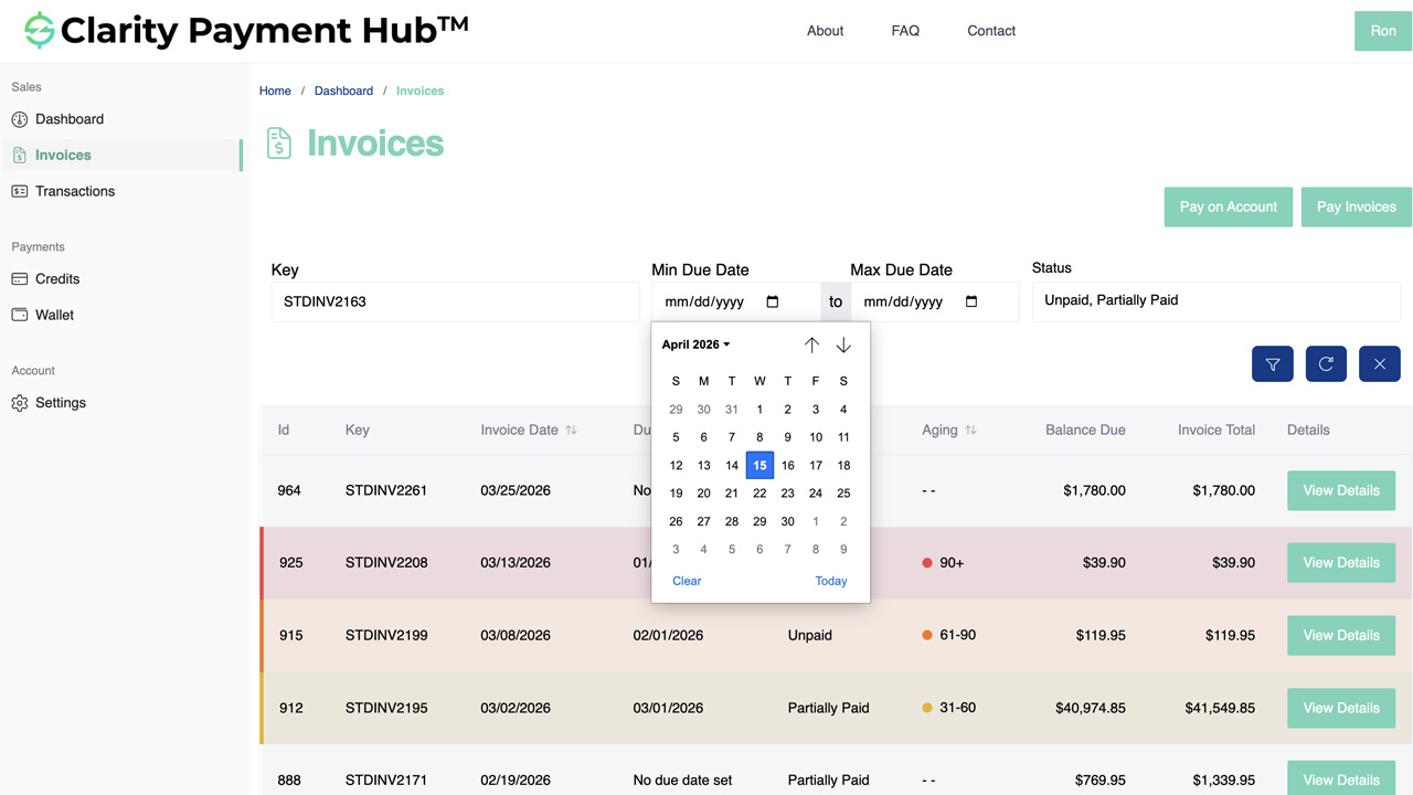 Clarity Payment Hub customer portal showing the invoices list with search bar, filter controls for date range and amount range, and invoice rows displaying invoice number, date, total, balance due, and status