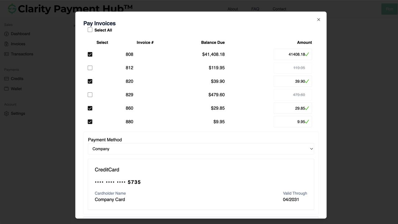 Clarity Payment Hub portal showing a manufacturing buyer selecting multiple open invoices to pay in a single consolidated transaction