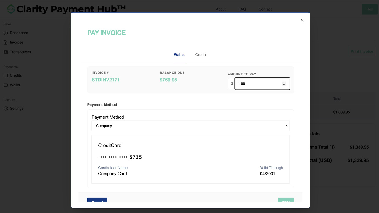 Clarity Payment Hub invoice detail view showing payment amount field with customer entering a partial amount, displaying original balance and remaining balance calculations in real time