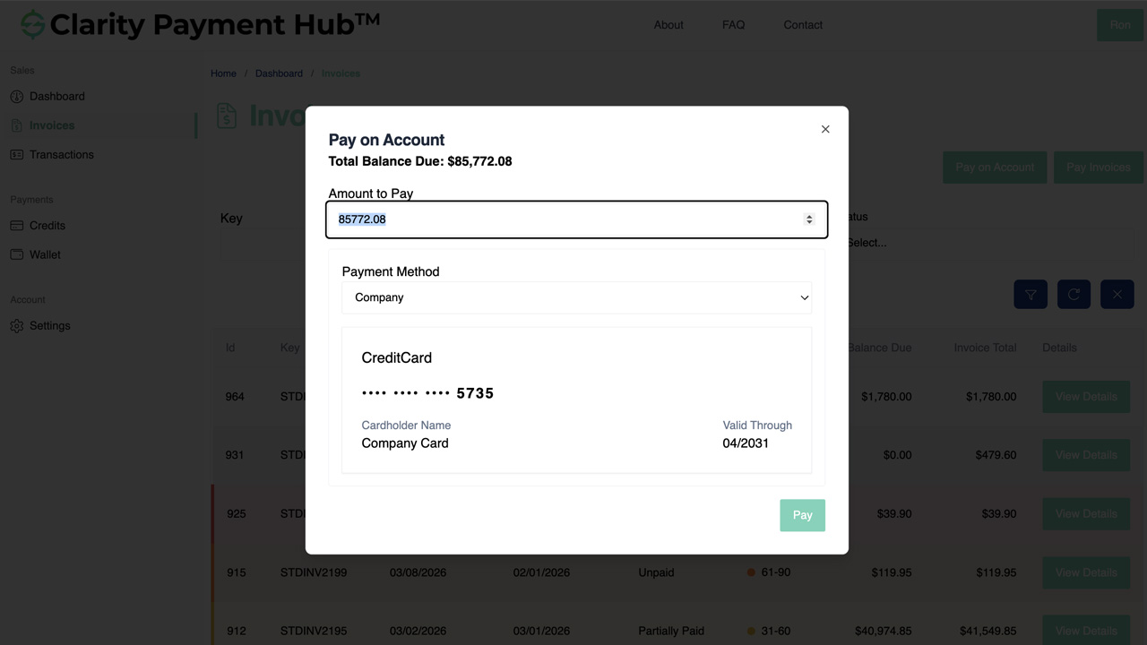 Clarity Payment Hub portal showing a field service customer paying against their on-account balance with a saved payment method