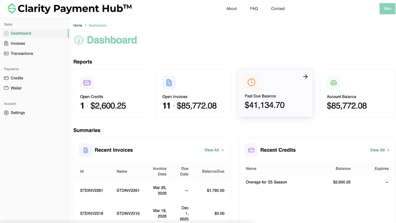 Clarity Payment Hub portal showing a past-due progress invoice with partial payment option for a construction project