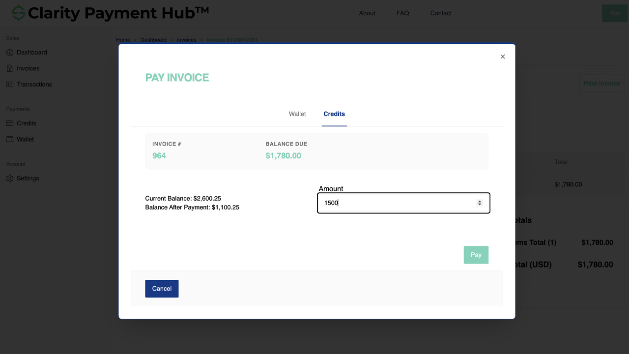 Clarity Payment Hub account section showing available credit balance, list of open invoices, and Apply Credit button for each invoice