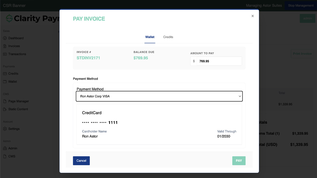 Clarity Payment Hub customer portal showing the invoice list view with invoice numbers, dates, totals, and balance due columns, plus a Pay Now button