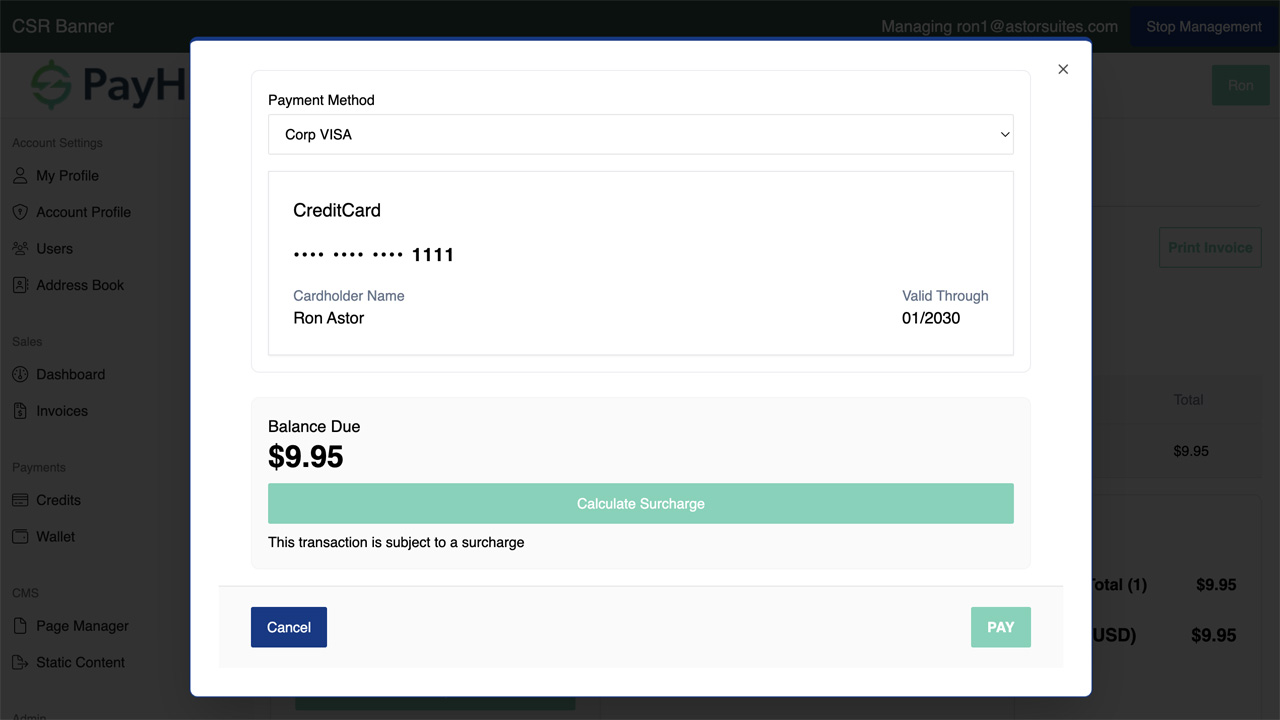 Clarity Payment Hub payment review showing invoice amount, calculated surcharge, total amount due, and choice between Credit Card with Surcharge or ACH without Surcharge