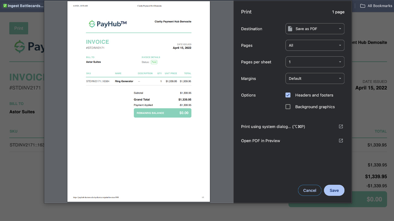 Clarity Payment Hub invoice detail view showing the full invoice with line items, taxes, and balance due, plus prominent Print and Download buttons at the top