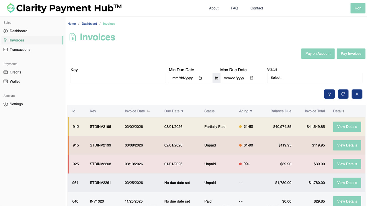 Clarity Payment Hub aging dashboard showing invoice buckets: Current with $12,500, 30 Days Past Due with $8,200, 60 Days Past Due with $3,750, 90+ Days Past Due with $1,450, displayed as colored cards with amounts and invoice counts
